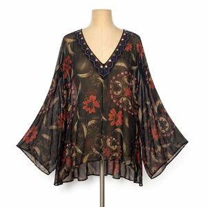 Vintage Y2K 100% Silk Sheer Floral Sequin Top‎ XL Black Whimsigoth Indie Grunge